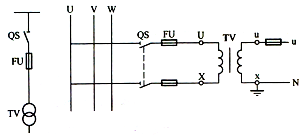 一個(gè)單相電壓互感器的接線 一個(gè)單相電壓互感器的接線